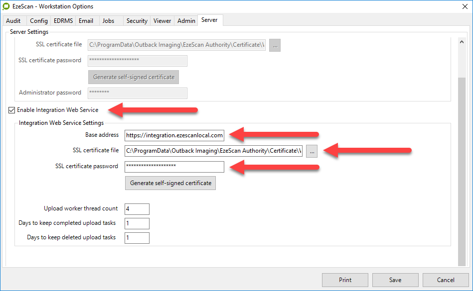 Enabling and configuring the EzeScan Integration Endpoint with URL and certificate