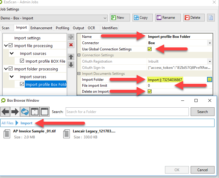 Folder Import where Global Connection Settings, import unlimited and delete once imported is configured